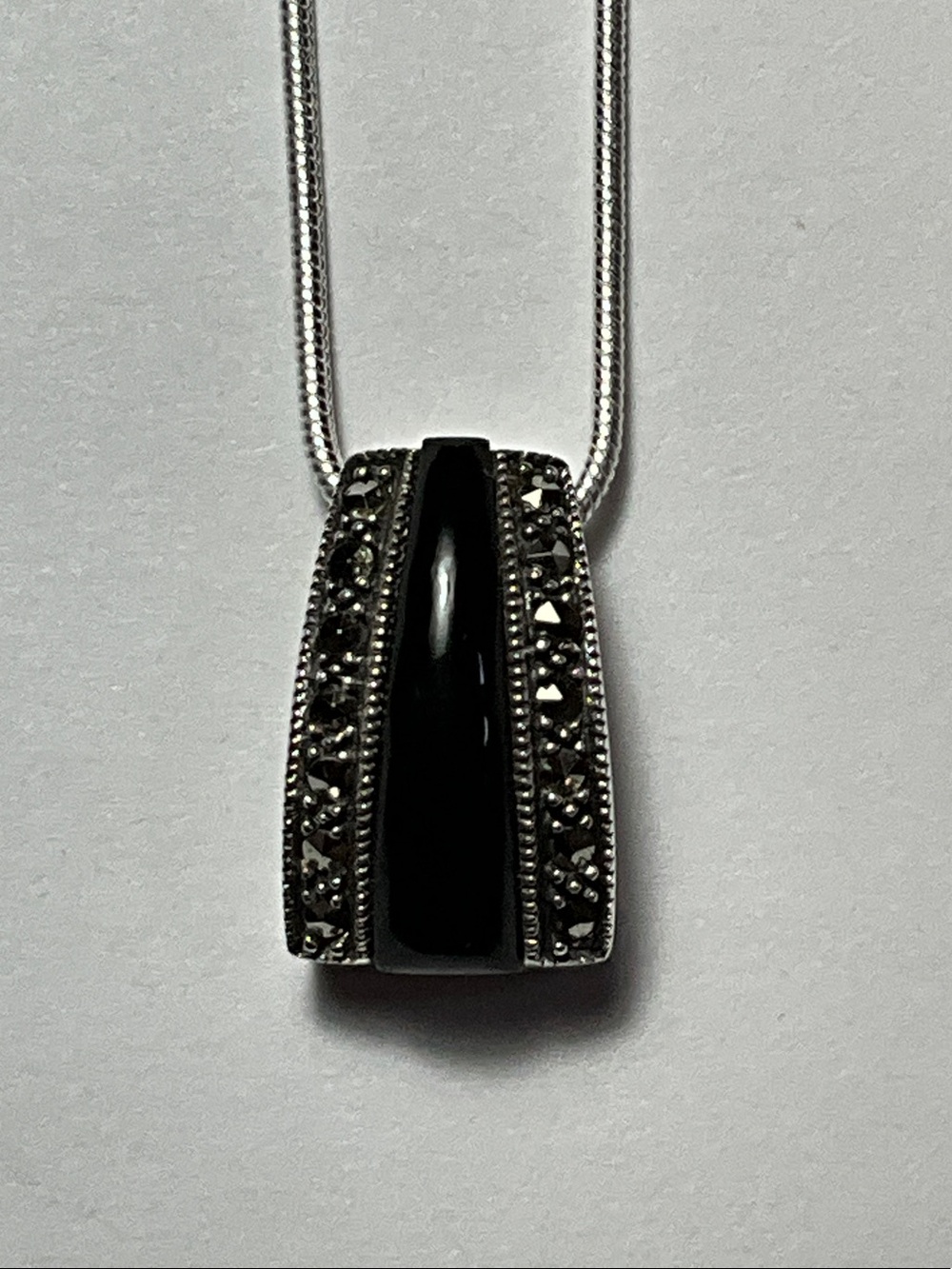 Black Onyx and Marcasite Pendant Necklace - Classic Sterling Silver